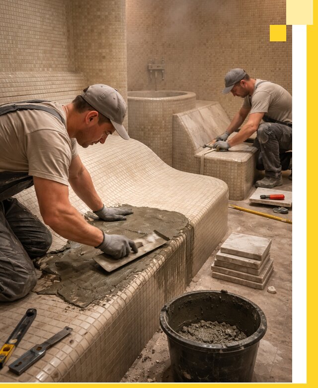 Лежаки для хамама под ключ в Белогорске, проект и монтаж